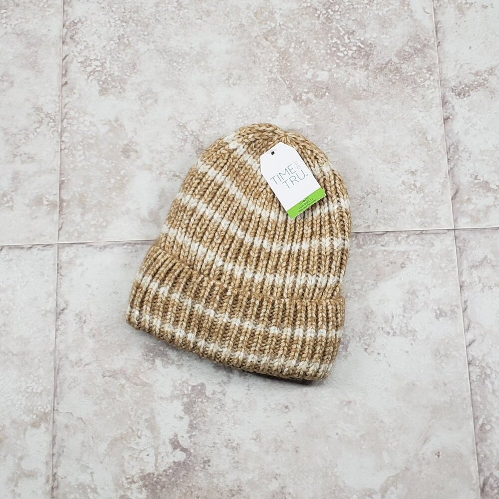 Beanie Brown Acorn Cuffed Fleece Lined No Pom Striped Toboggan Time & Tru OS